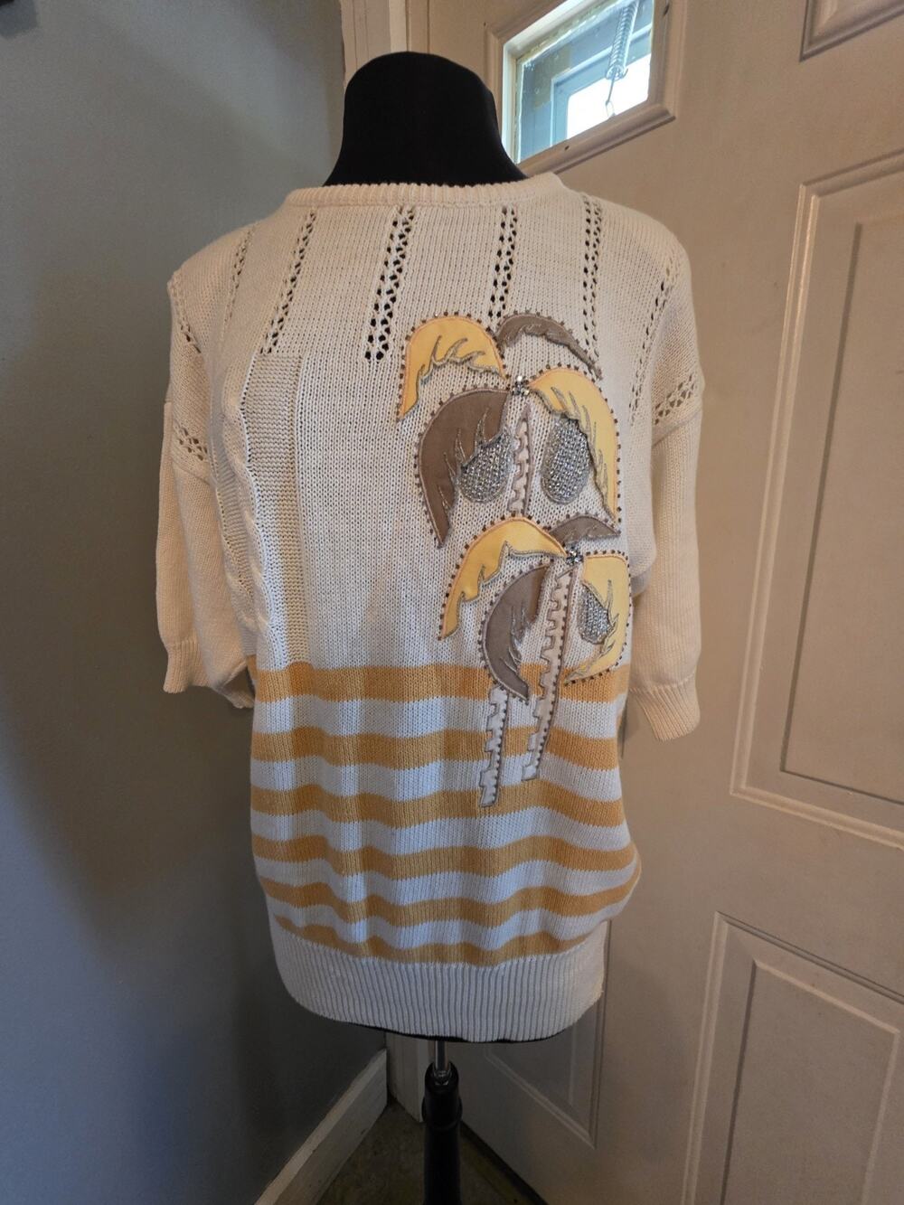 Vintage 80s Womens Short Sleeve Sweater Palm Tree Coconut Beach Tropical L